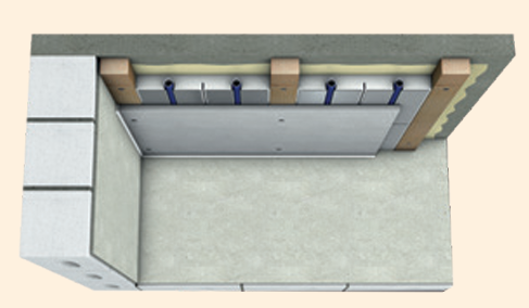 Cross-section of a ceiling heating and cooling system installed with intermediate timber battens